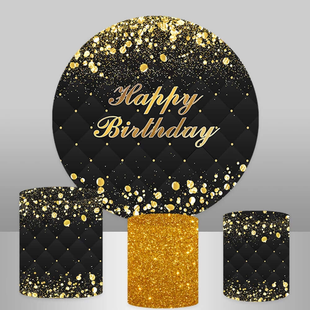 Black and Gold Glitter Dot Happy Birthday Round Backdrop