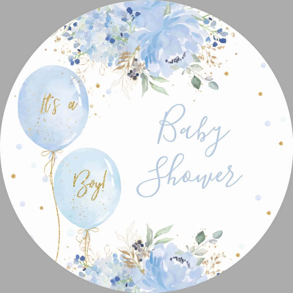 Blue Balloons Flowers Boy Baby Shower Round Backdrop Cover