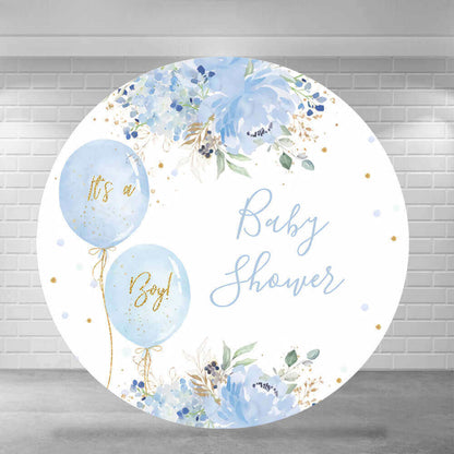 Blue Balloons Flowers Boy Baby Shower Round Backdrop Cover Party