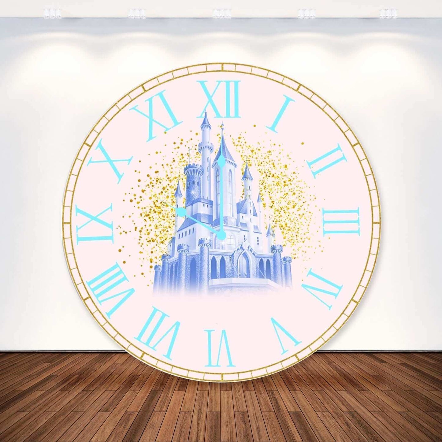 Baby Blue Castle Time Clock Kulaté pozadí Přizpůsobení Photo Zone Party