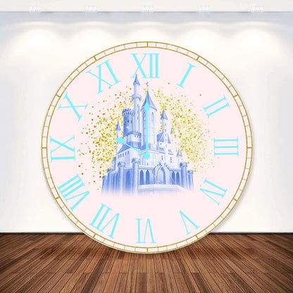 Lo sfondo rotondo dell'orologio del castello blu di Baby Blue personalizza la festa della zona fotografica