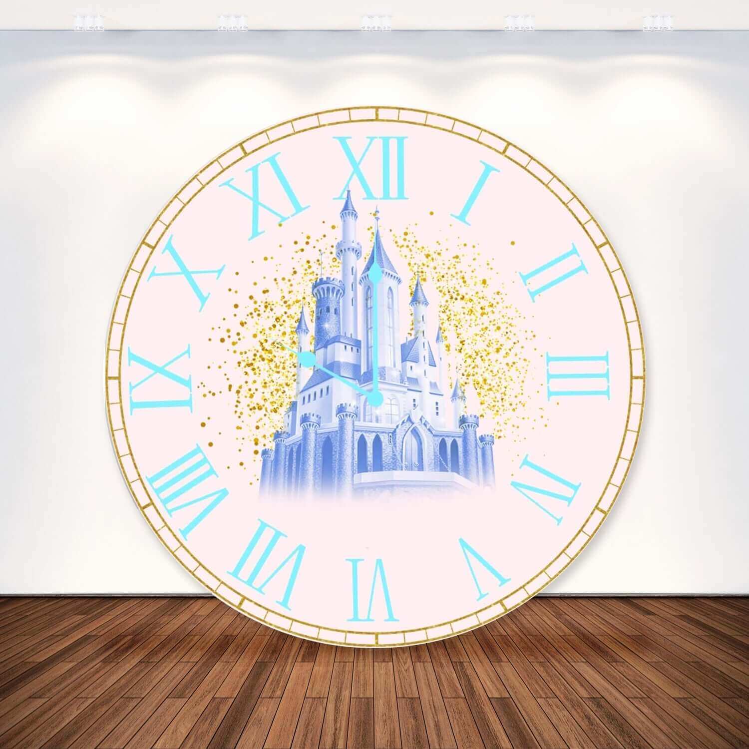 Fairytale Blue Castle and Clock-Themed Round Backdrop Cover – webackdrops