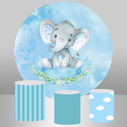 Blue Elephant Boy Baby Shower Round Backdrop and Cylinder Cover