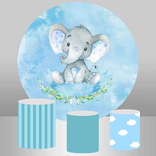 Kék elefánt fiú baba zuhany kerek hátteret és hengeres fedőpartit