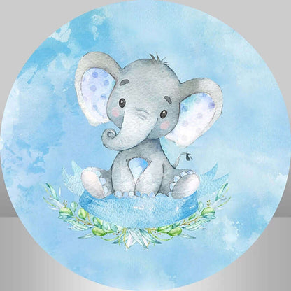 Blue Elephant Boy Baby Shower Round Backdrop And Cylinder Cover Party