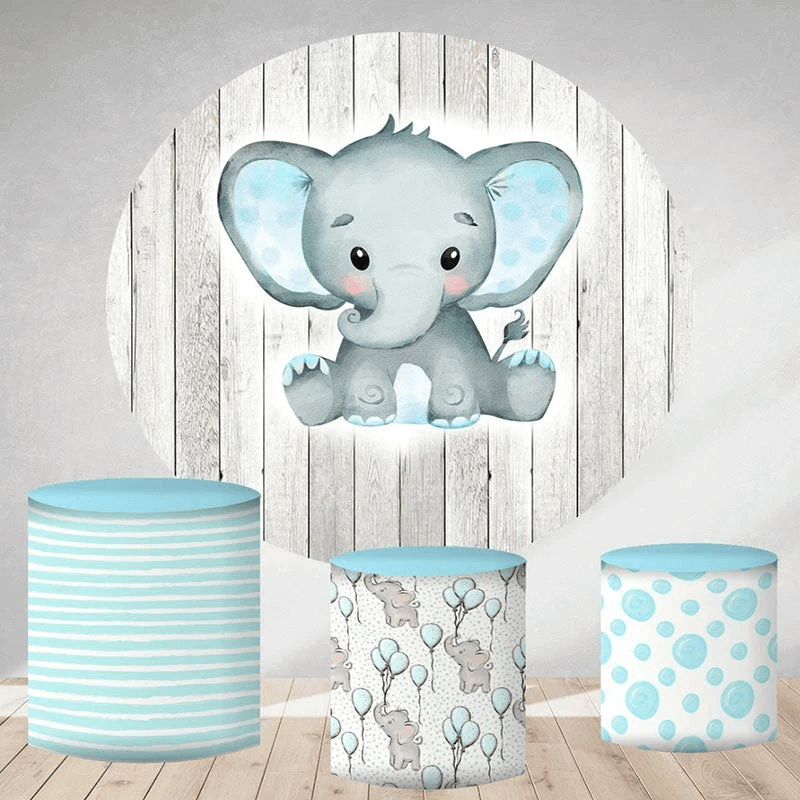 Blauer Elefant, grau, Holz, rund, Babyparty-Hintergrund, Zylinderabdeckungen, Party