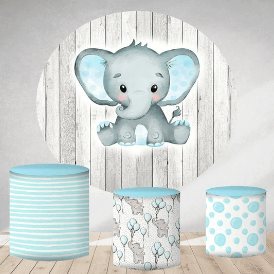 Toile de fond ronde en bois gris éléphant bleu, couverture de cylindre de fête prénatale