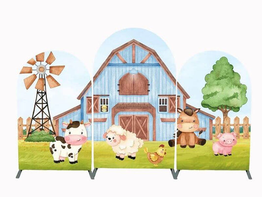 Blue Farm Cow Prints Windmill Barn Kids Birthday Party Arch Achtergrond