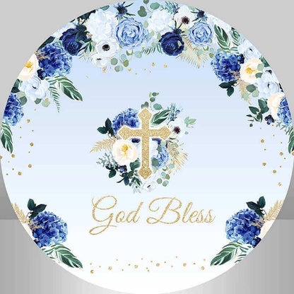 Blue Flower Baby Shower God Bless Baptism Round Backdrop Cover Party