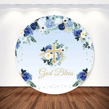 Plavi cvijet Baby Shower God Bless Baptism Okrugla pozadina Cover Party