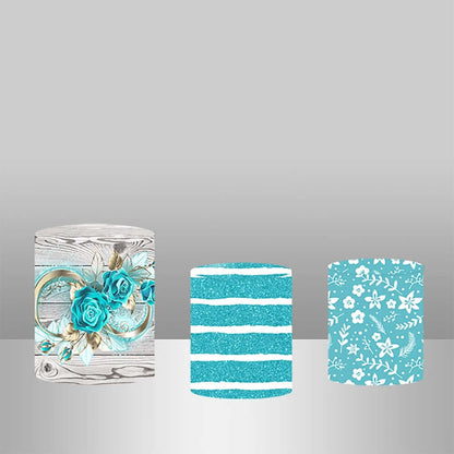 Blue Flowers Wood theme Bridal Shower Party Round Backdrop Cover