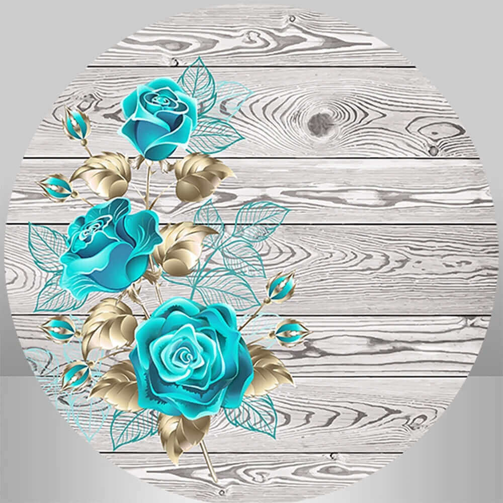 Couverture de toile de fond ronde sur le thème du bois et des fleurs bleues, pour fête prénuptiale
