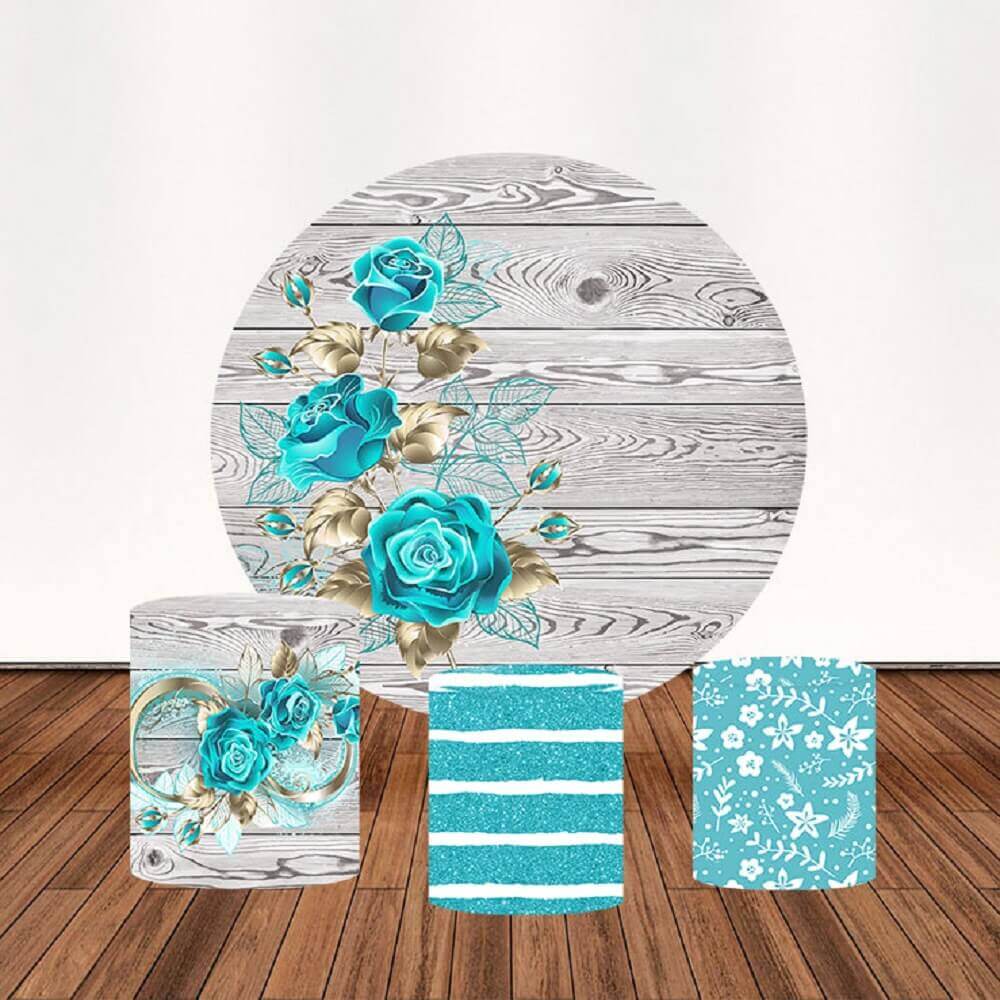 Blue Flowers Wood theme Bridal Shower Party Round Backdrop Cover