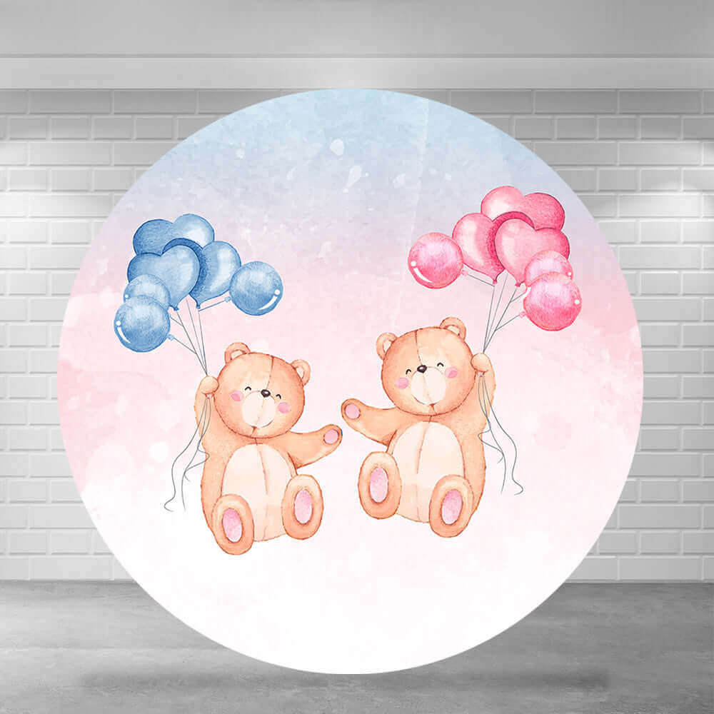 Blue and Pink Balloons Bear Gender Reveal Party Round Backdrop Cover
