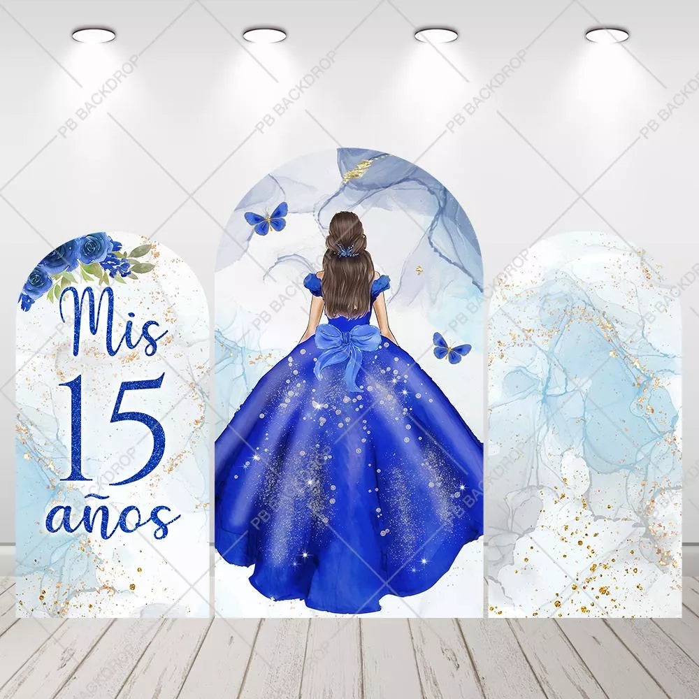 Modrá Quinceañera Mis 15 Años Arch Pozadí Akvarel Květinový motýl Butterfly