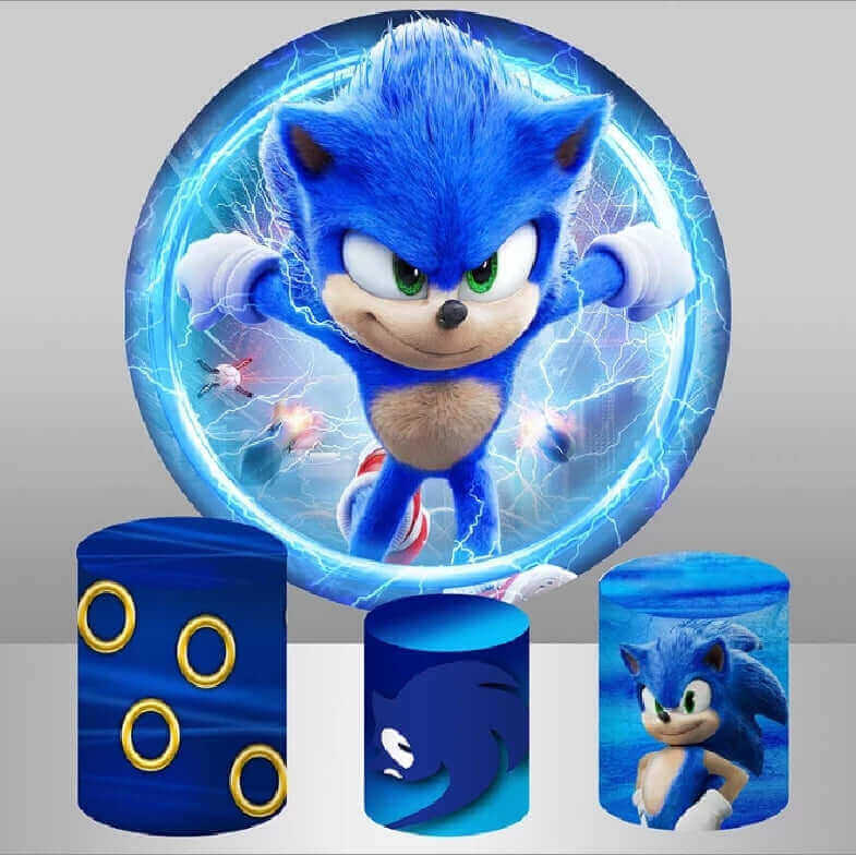 Kék Sonic kerek hátterű borító fiúk születésnapi partijának dekorációjához