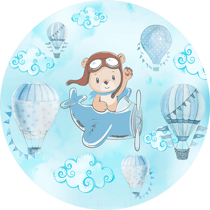 Blue Theme Pilot Bear and Hot Air Balloons Baby Shower Round Backdrop