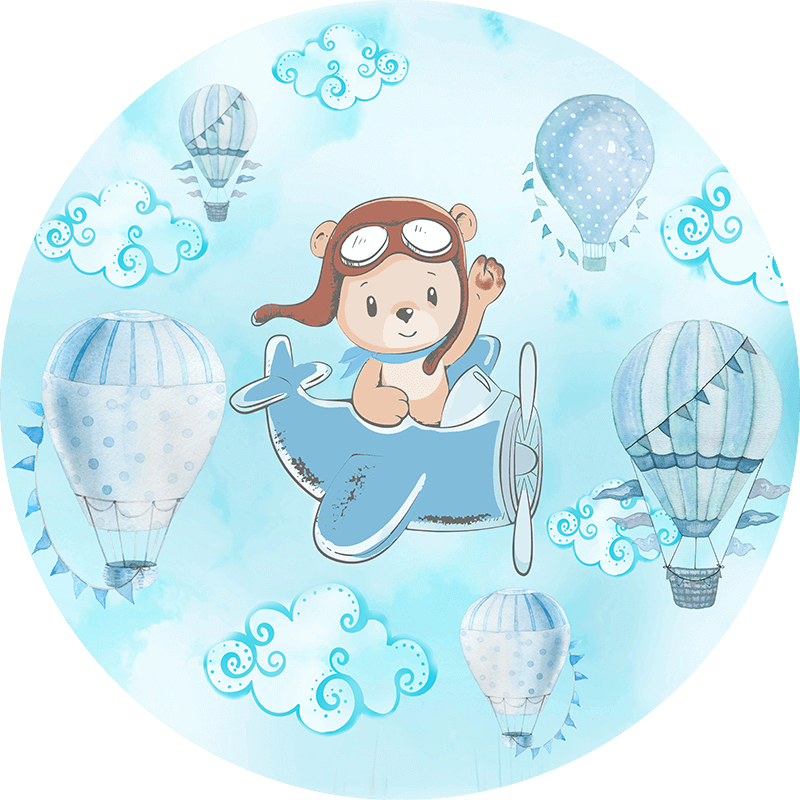 Blue Theme Pilot Bear And Hot Air Balloons Baby Shower Round Backdrop Party