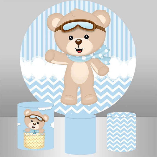 Toile de fond pour fête de 1er anniversaire, thème ours rayé bleu et blanc, pour garçon, nouveau-né