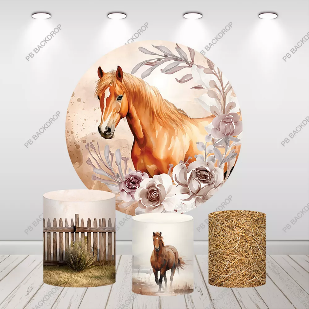 Boho Horse Girls Birthday Round Backdrop Cowgirl Party Decor