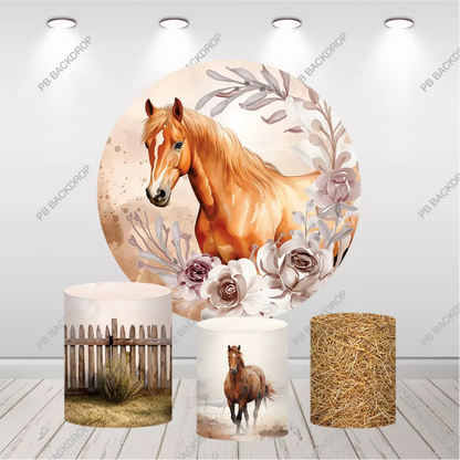 Boho Horse Girls Birthday Round Backdrop Cowgirl Party Decor