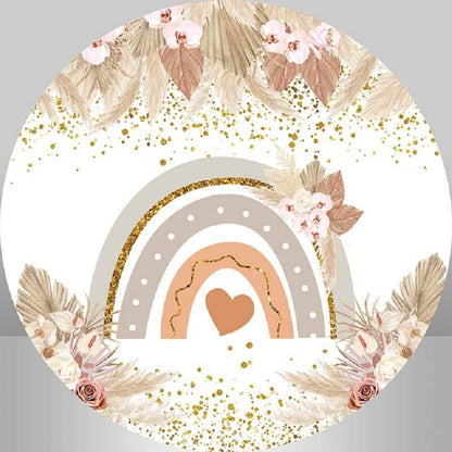 Boho Rainbow Glitter Brown Leaves Round Baby Shower Backdrop Cover