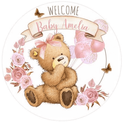 Brauner Bär Willkommen Baby Mädchen Geburtstagsparty runder Hintergrund