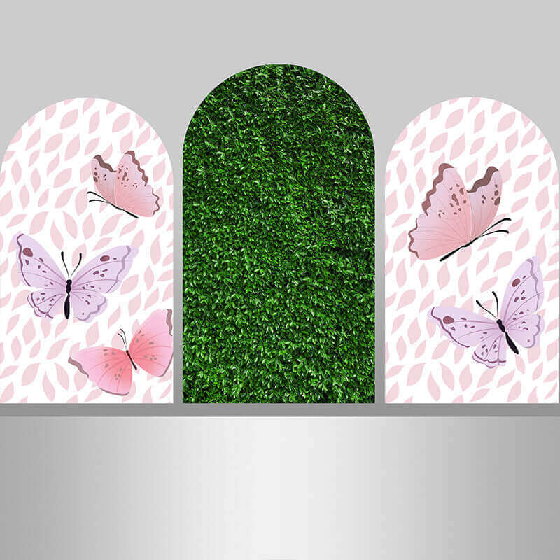 Sfondo a forma di farfalla con copertura per fondale ad arco in erba verde per la decorazione della festa di compleanno dei bambini
