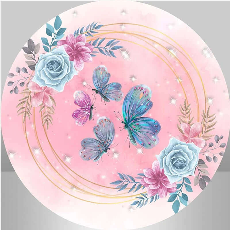 Butterfly Pink Flower Girl Birthday Round Backdrop Cover