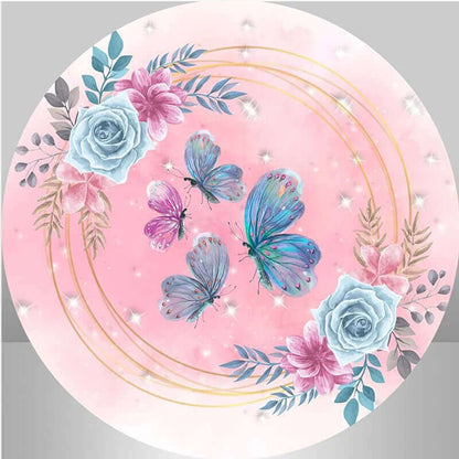 Pillangó, rózsaszín virágos lány születésnapi kerek hátterű borítóparti