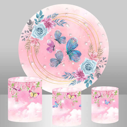 Capa de pano de fundo redonda de aniversário para florista rosa borboleta