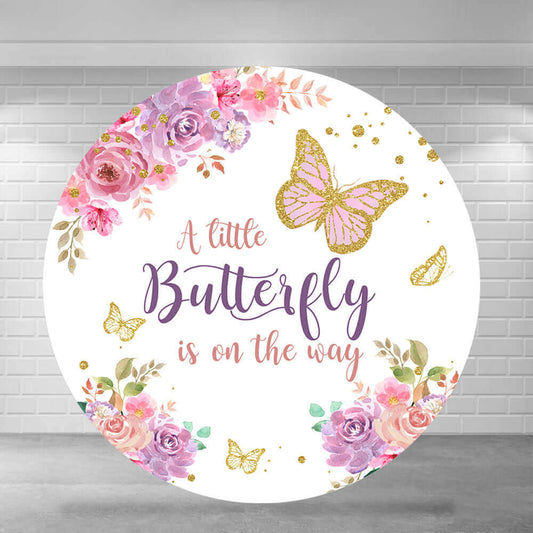 Butterfly Pink Flowers Girls Baby Shower Round Backdrop Cover