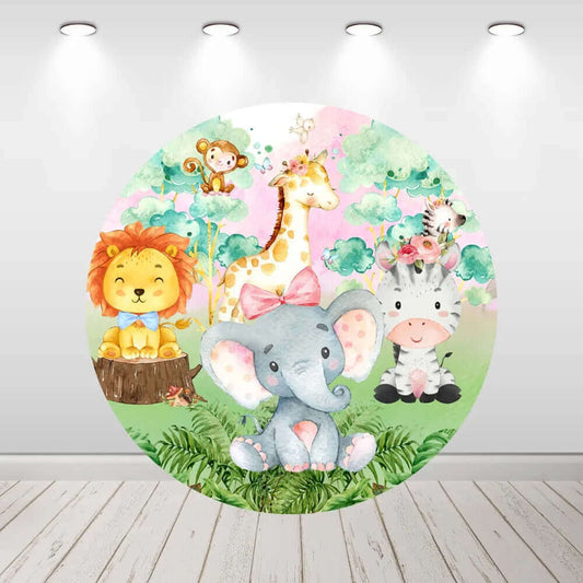 Copertina rotonda con fondale rotondo per il primo compleanno di Cartoon Animals Safari Jungle Kids