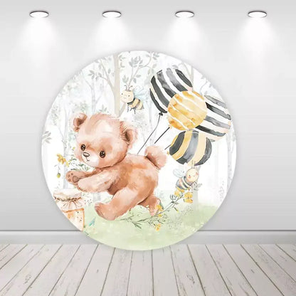 Cartoon Bear Bee Kids Birthday Party Round Backdrop Cylinder Covers