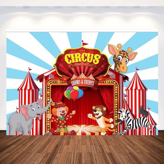 Tema cirkusa, fotografska pozadina, crtani karneval, šator, životinje, pozadina za dječju rođendansku zabavu