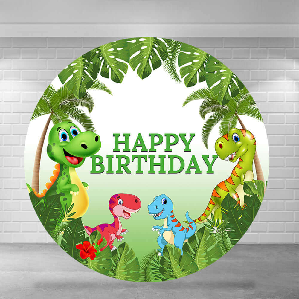 Cartoon Dinosaur and Jungle Happy Birthday Round Backdrop Cover