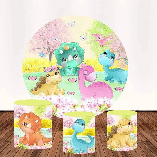 Okrugla pozadina za dječju 1. rođendansku proslavu crtanih dinosaura