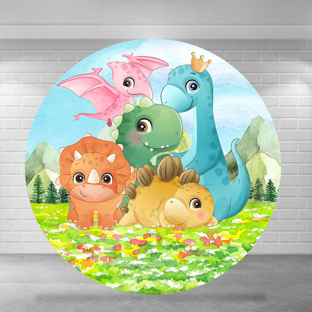 Cartoon Dinosaur Round Backdrop For Baby Shower Or Kids Birthday Party