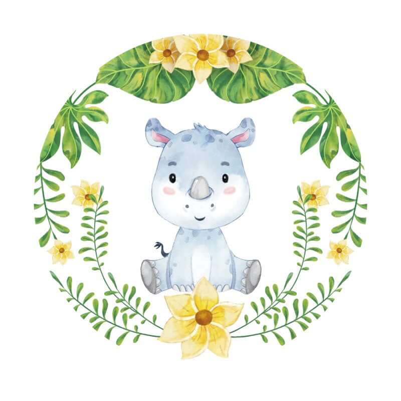 Cartoon Rhino Floral Round Backdrop for Kids Birthday or Baby Shower