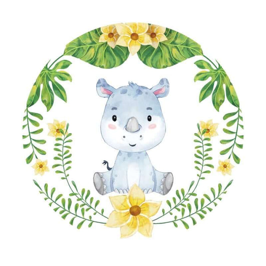 Crtani nosorog s cvjetnom okruglom pozadinom za dječji rođendan ili dječju zabavu