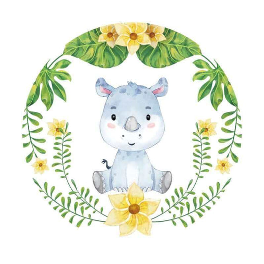Kreslený nosorožec květinové kulaté pozadí pro děti narozeniny nebo miminko party