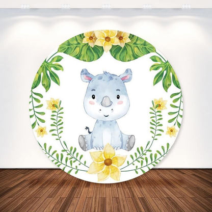 Cartoon Rhino Floral Round Backdrop For Kids Birthday Or Baby Shower Party