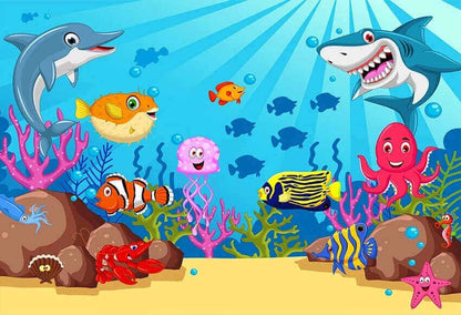 Cartoon Seabed Shark Dolphin Kids Birthday Photography Background