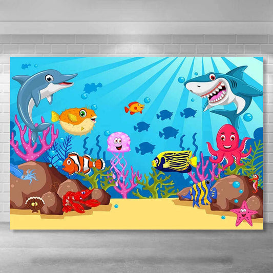 Мультфільм морського дна, акула, дельфін, фон для дитячої фотографії на день народження