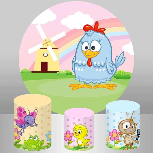 Цртани пролећна фарма пилетина округла позадина за дечији рођендански декор