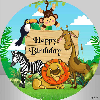 Festa sullo sfondo rotondo di buon compleanno del ragazzo a tema della giungla degli animali selvatici dei cartoni animati