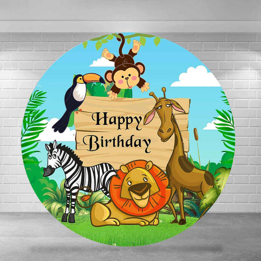 Cartoon Wild Animals Jungle Theme Boy Happy Birthday Round Background Party