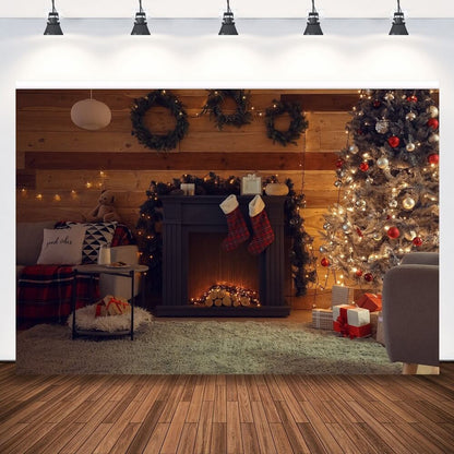 Vánoční pozadí Krb Retro Cihlová zeď Vánoční strom dárky Dřevěná podlaha rodinný portrét