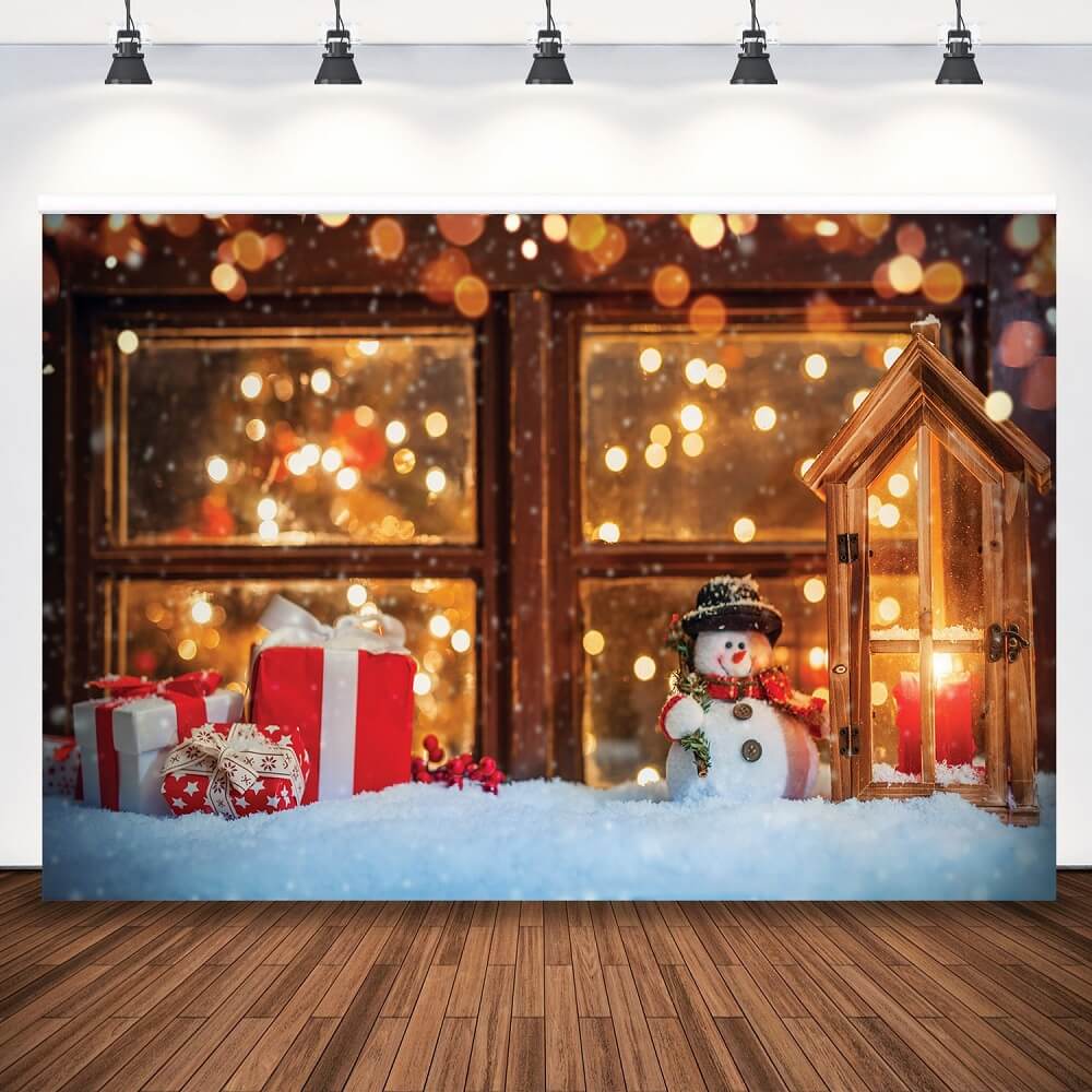 Vánoční dárková krabička Photocall pozadí okno sněhulák dítě rodinné portrétní fotografie pozadí