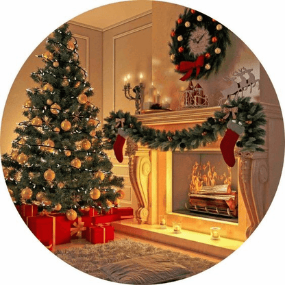 Toile de fond ronde de noël, boîte-cadeau d'arbre, cheminée, décoration de fête d'hiver pour photographie d'hiver